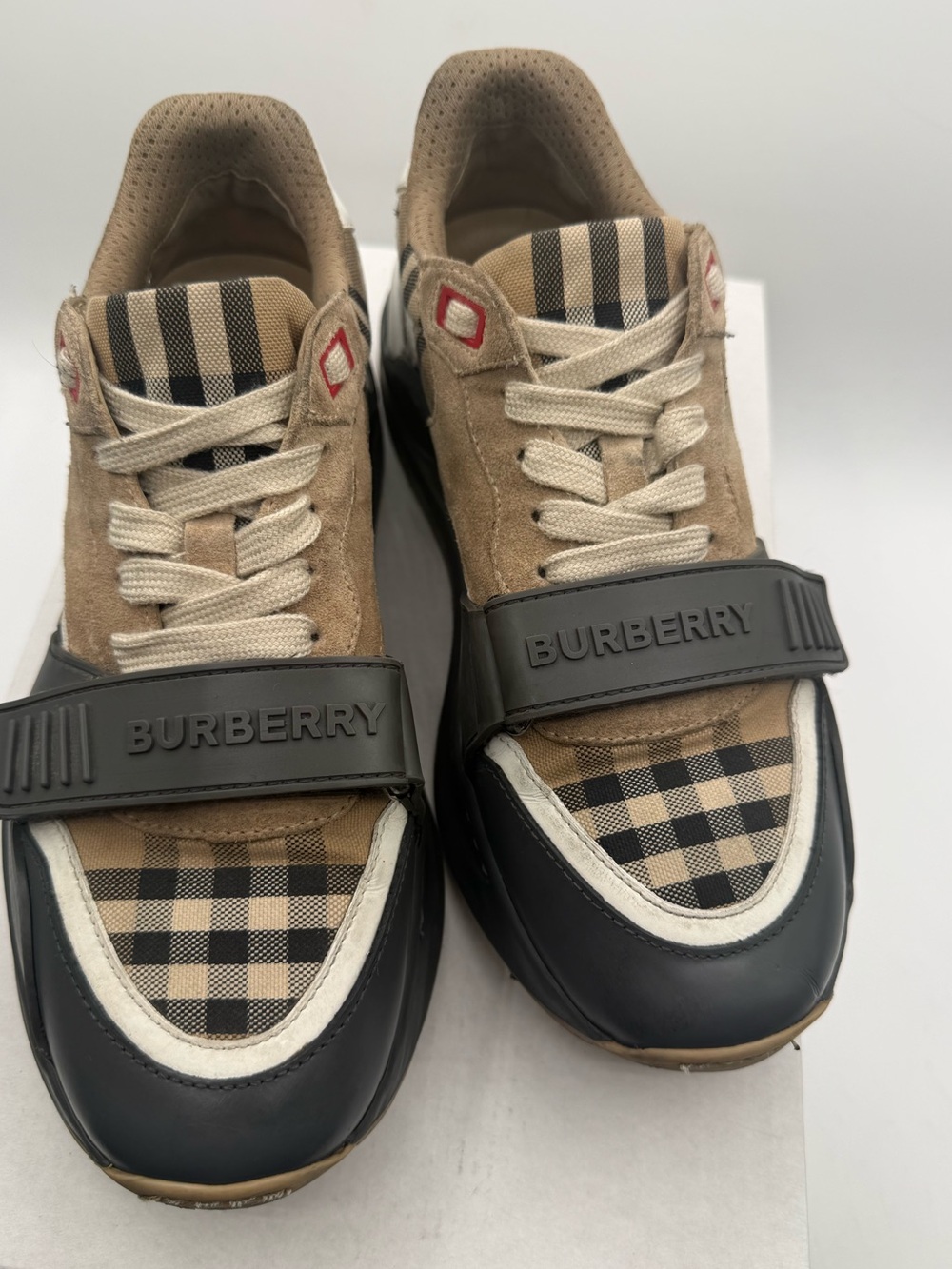 The Burberry Ramsey Vintage Check Suede Leather Sneakers Grey Archive Beige